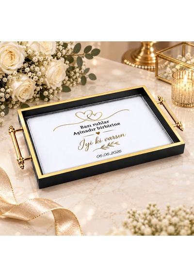 Bk Gift Kişiye Özel Siyah&gold Söz Nişan Tepsisi-6 - 39x23 Cm Çok Renkli