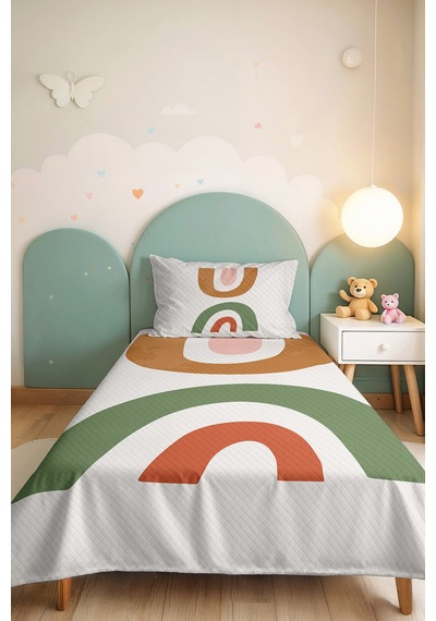 Boho Pastel Gökkuşağı Yeşil Genç Odası Tek Kişilik Pike Takımı - Somon Bej 160x220 Cm Yatak Örtüsü Gizli Papatya Kırığı