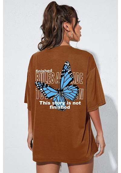 Flood Of Style Unisex Kahverengi Sırt Kelebek Baskılı T-shirt