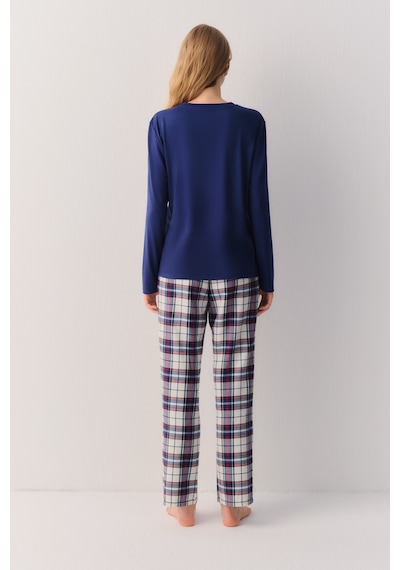 Suwen Pillow Check Uzun Kol Düğme Yaka Pijama Üstü Sh27400628b031 Koyu Mavi