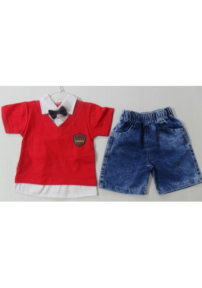 Beyzababykids Yeni Sezon Papyonlu Erkek Bebek Şortlu Takım Bayramlık Kırmızı - Mavi
