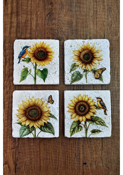 Doğal Taş Bardak Altlığı - Ayçiçeği, Kuş & Kelebek Temalı Stone Coasters Çok Renkli