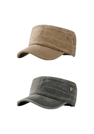 Tezzgelsin Unisex Eskitme Vintage Pamuklu Castro Kep Şapka 2'li Set Camel - Haki