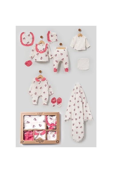 Milays Kız Bebek Hello Kitty Figürlü Müslin Kumaş Yenidoğan 10 Parça Hastane Çıkışı Zıbın Seti Kırmızı