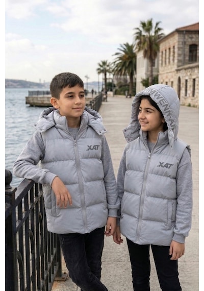 Pina Kids Unisex Çıtçıt Kapüşonlu Baskılı Şişme Yelek Gri