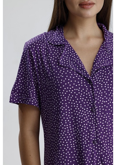 Kompedan Kadın Puantiye Desen Önden Düğmeli Pijama Takım Mor P. Mor