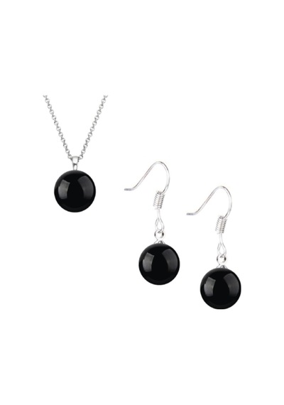 Oniks Taşlı Kadın Gümüş Set Küpe-kolye Yuvarlak Sallantılı Kanca Model 8 Mm