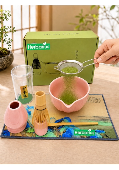 Herbarius 8 Parça Parlak Pudra Pembe Renk Matcha Çayı Hazırlama Seti - Geleneksel Japon Matcha Seti