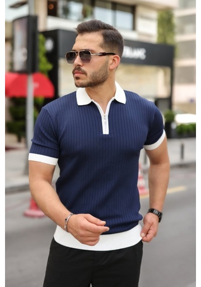 Efnaz Style Erkek Yaka Ve Kol Detaylı Fermuar Yakalı Çizgi Desen Kısa Kollu Triko Tişört Lacivert Efnaz Style Erkek Yaka Ve Kol Detaylı Fermuar Yakalı Çizgi Desen Kısa Kollu Triko Tişört Lacivert