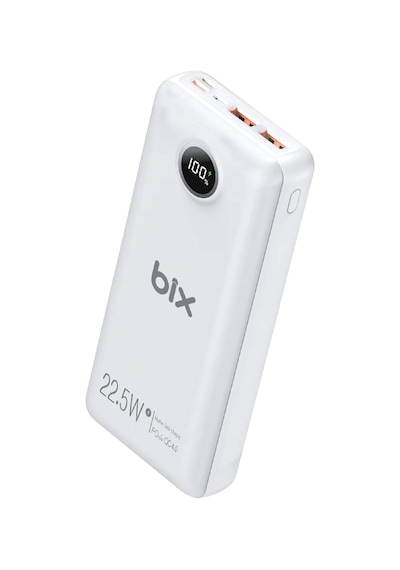 Bix Üç Portlu 20000 mAh 22.5 W Hızlı Şarj 4.0 PD Giriş/Çıkışlı Led Göstergeli Powerbank Beyaz