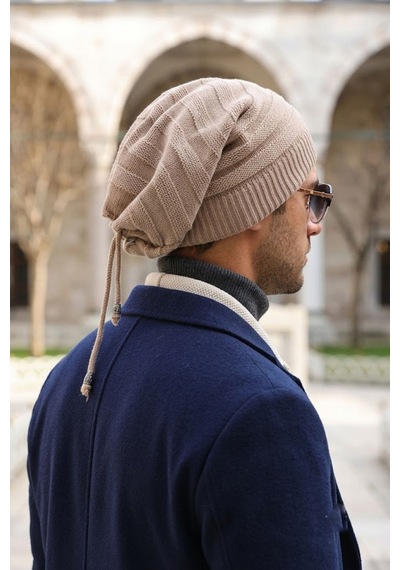 Ritagarcia Unisex Arkası İpli Büzgülü Triko Bere Kışlık Dökümlü Slouchy Beanie Bere Bej