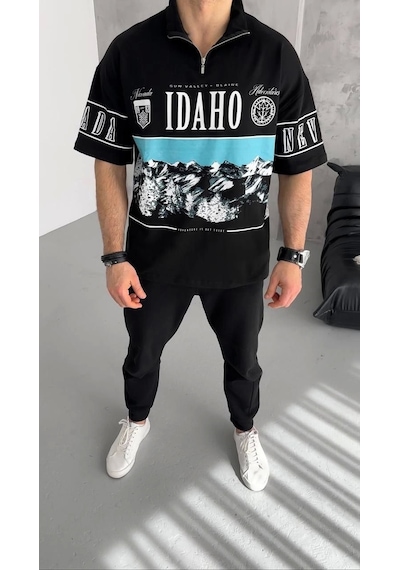 Unisex Baskılı Yarım Fermuarlı T-shirt - Siyah
