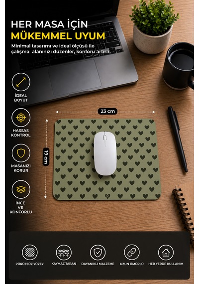 Haki Renkli Kalpli Desenli Ergonomik Mouse Pad, Kaymaz Yüzey İle Ev Ve Ofis Kullanımı İçin İdeal