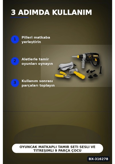 Oyuncak Matkaplı Tamir Seti Sesli Ve Titreşimli 9 Parça Çocuk Oyun Set Bx-316278