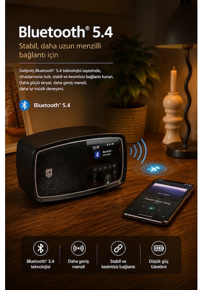 Philips Tav2000fb/00 Retro Taşınabilir Fm Radyo Bluetooth 5.4 Şarj Edilebilir Kablosuz Hoparlör Siyah