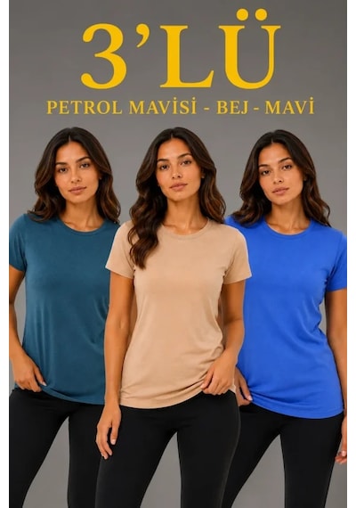 Hazego 3 Lü Kısa Kollu Bisiklet Yaka Basic Slim Fit T-shirt -petrol Mavisi - Bej - Mavi Çok Renkli
