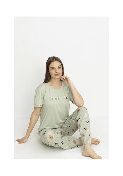 Estiva Kadın Ayıcık Alt Desenli Kısa Kollu Soft Pijama Takımı Yeşil