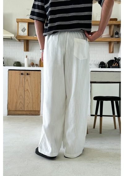 Flaw Bel Lastikli Keten Baggy Pantolon Beyaz Beyaz