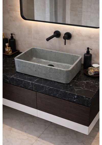 Mermer Desenli Tezgah Üstü Çiftlik Model Taş Lavabo 60 X 40 Cm Gri