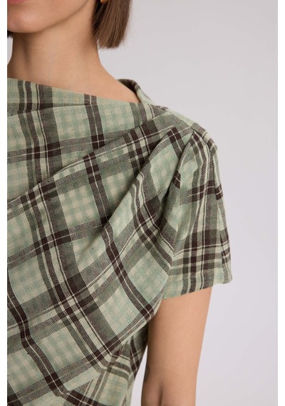 Mai Collection Petunya Ekoseli Yeşil Crop Etek Takım Yeşil