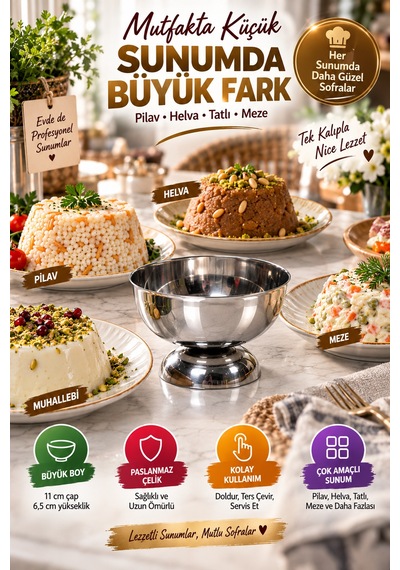 9,5 Cm Paslanmaz Çelik Pilav Ve Helva Kalıbı Büyük Boy Yuvarlak Sunum Ve Porsiyonlama Kalıbı Sunumluk Gümüş