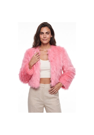 Onloox Kadın Şeker Pembe Şeker Pembe Suni Kürklü Polyester Kumaş Uzun Kollu Astarlı Detaylı Kısa Form Mont Ceket