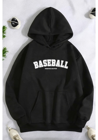 Baseball Baskılı Oversize Sweatshirt Siyah