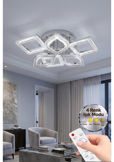 LumiaLighting Hera Model Gümüş 6"lı Ledli 3 Renk Modu Kristal Salon Mutfak Yatak Çocuk Odası Avize