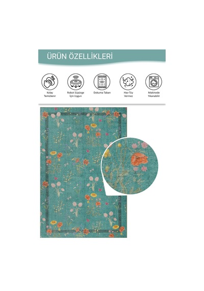Artloop Florart Turkuaz / Turuncu Doğa Temalı Çiçekli Dokuma Tabanlı Modern Şönil Halı Al 491