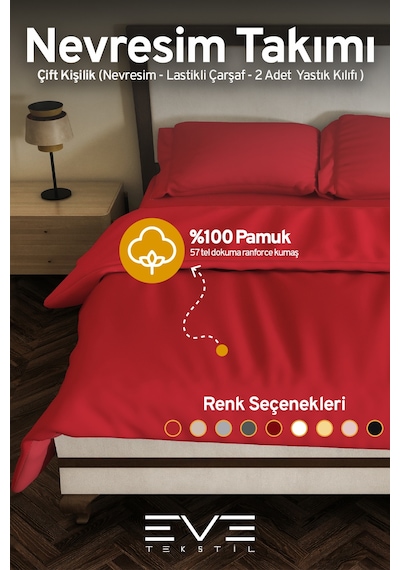 Eve Tekstil %100 Pamuk Ranforce Çarşaflı Yastık Ve Yorgan Kılıflı Çift Kişilik Nevresim Takımı 200x220 Cm Kırmızı
