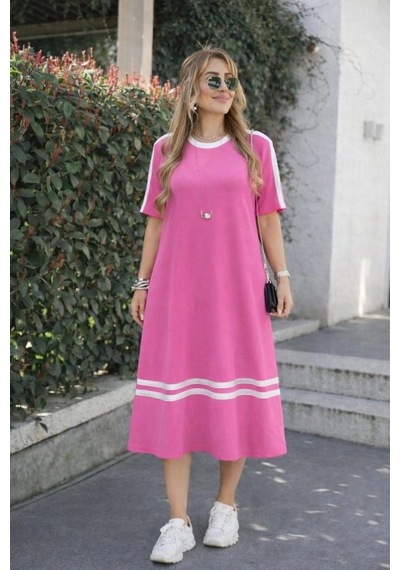 Defymoda Kadın Kısa Kollu Bisiklet Yaka Şerit Detaylı Midi Viskon Elbise Pembe Defymoda Kadın Kısa Kollu Bisiklet Yaka Şerit Detaylı Midi Viskon Elbise Pembe