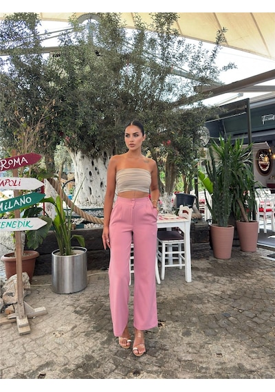 WeShaya Pudra Likralı Palazzo Pantolon Pudra