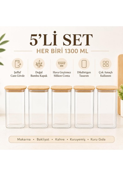 5'li 1300 Ml Dikdörtgen Cam Kavanoz Seti, Bambu Kapaklı Silikon Contalı Şeffaf Saklama Kabı, Makarna Bakliyat Kahve Kuruyemiş Ve Kuru Gıda İçin Çok Renkli
