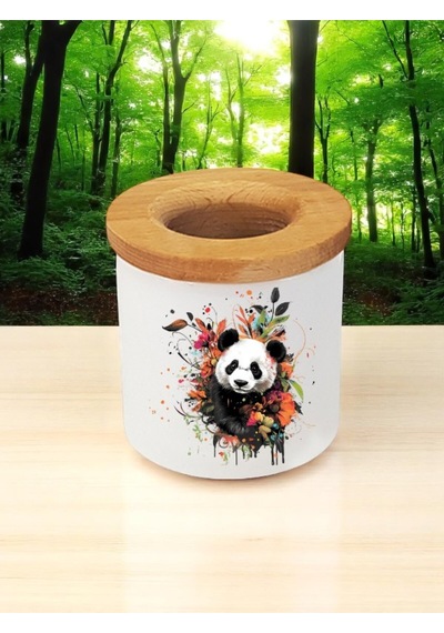 Panda Ve Çiçek Baskılı 3'lü Ahşaplı Seramik Masaüstü Kalemlik Kalem Kutusu Ofis Hediyesi Beyaz