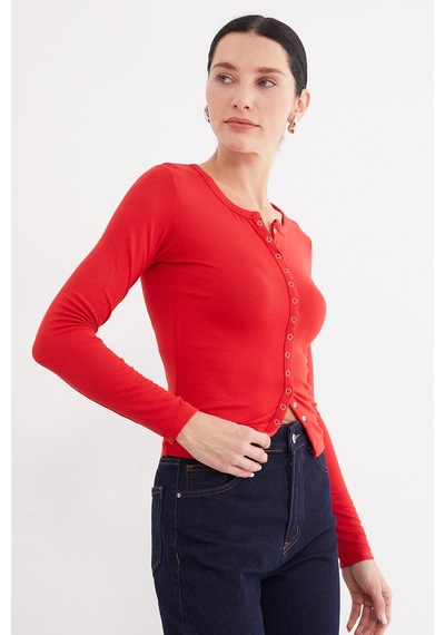 Fullamoda Önü Çıtçıtlı Ribanalı Slim Fit Bluz Kırmızı