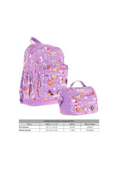 Kaukko Kids Dört Bölmeli Sırt Çantası Ve Isı Yalıtımlı Beslenme Çantası Seti - Kız Çocuk - Mor Mor