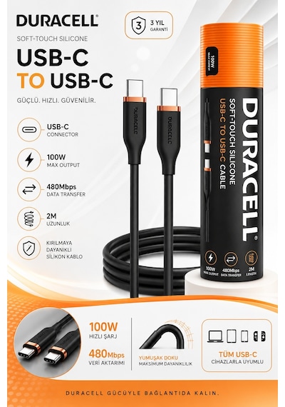 Duracell 2m Usb-c To Usb-c 100w Yumuşak Dokulu Silikon Data Kablosu - Siyah