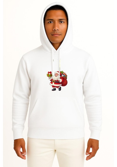 Bahriyeli Collection Kapüşonlu Noel Baba Yılbaşı Göğüs Baskılı Unisex Sweatshirt Beyaz