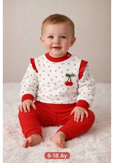 Tenra Kabartma Baskılı %100 Pamuk Alt Üst Bebek Takımı Kırmızı