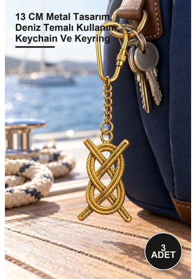 3 Adet Pirinç Gemi Düğümü Anahtarlık 13 Cm Metal Tasarım, Deniz Temalı Kullanım, Keychain Ve Keyring