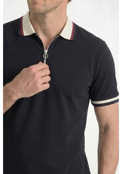 Tudors Erkek Slim Fit Dar Kesim %100 Pamuk Kısa Kollu Yarım Fermuarlı Siyah Polo Yaka Tişört-50743