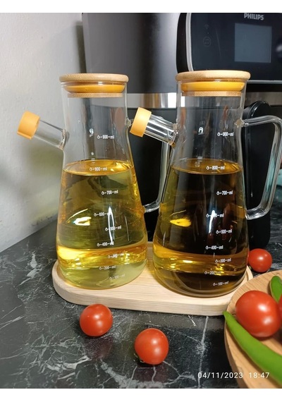 Yağlık Sirkelik Seti Silikon Contalı Bambu Kapaklı Bambu Altlık Beraber 3'lü Set Yağdanlık, 900 Ml 2 Adet Ve Bambu Altlık