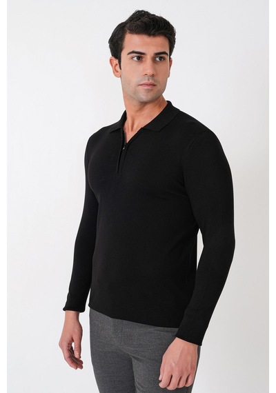 Slim Fit Esnek Pamuklu Fermuarlı Polo Yaka Siyah Triko Tr 902