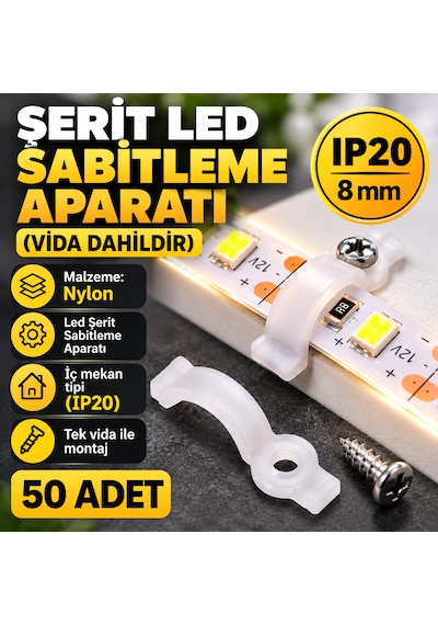 8 Mm Şerit Led Sabitleme Aparatı Vida Dahildir Ip20 50 Adet