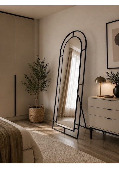 Effe Siyah Metal Çerçeveli 180x70 Cm Pencere Model Oval Ayaklı Boy Aynası