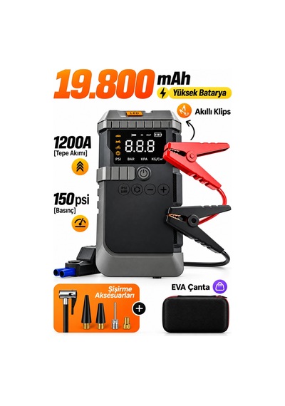 Lensun Ls99 19800 Mah Araç Akü Takviye Cihazı Hava Kompresörü Fenerli Powerbank