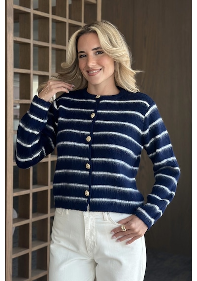 Laluvia Lacivert Çizgili Gold Düğme Detaylı Hırka - 4500 Lacivert
