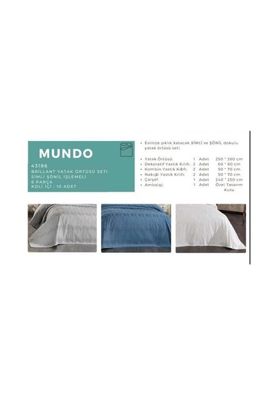 Brillant Mundo 43186 Yatak Örtüsü Seti Simli Şönil Şlemeli 6 Parça İndigo Mavi
