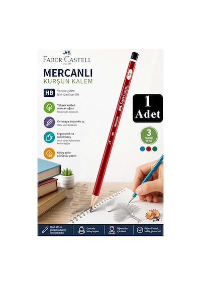 Siyah Kurşun Kalem Mercanlı 1 Adet Faber Castell Mercanlı Kurşun Tahta Kalem Hb Orta Dereceli Öğrenci Kalemi Okul Kırmızı