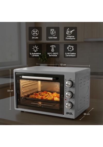 Akel AF340L 34 L Gri Mini/Midi Fırın